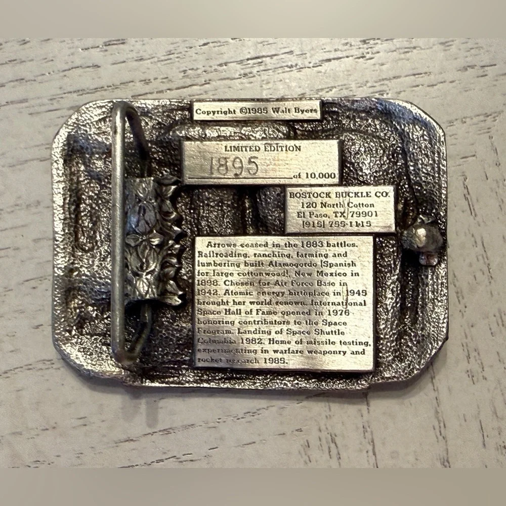1985 Alamogordo New Mexico “From Arrows to Rockets” Pewter Belt Buckle